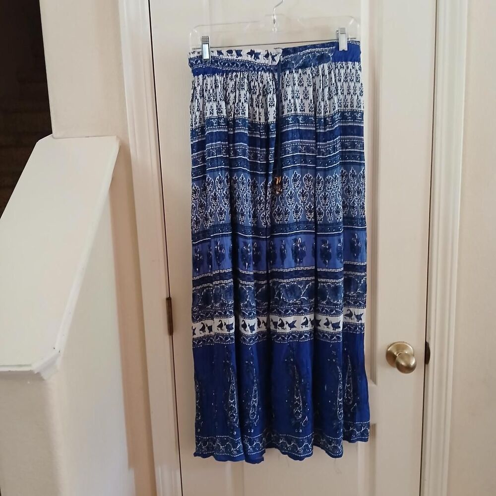 Y2K Style Blue Goose Boho Print Maxi Skirt Drawstring Bells Hippie Cottagecore